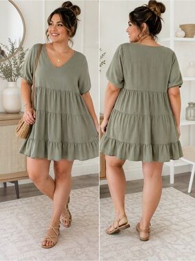 You & Me 1X Sage Green Tiered Babydoll Dress V Neck Boho Crinkle Plus Size